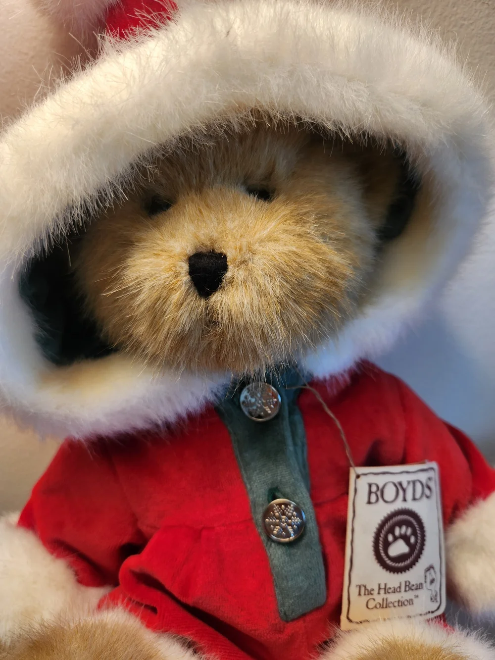 Boyds  Bear Holiday Bear in Red Santa Hoodie.